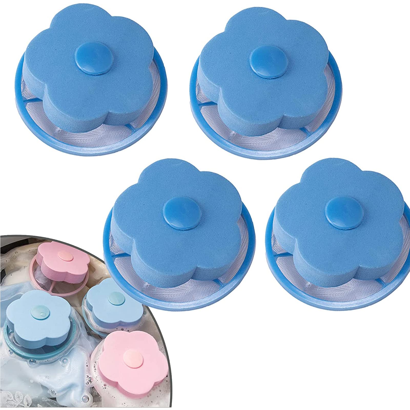 Indigopetco Pet Hair Remover Laundry, Lint Catcher, Floating Hair Filtering Mesh Removal, Reusable Pet Fur Remover Filter Washer Lint Trap Net Pouch(Blue (4PCS))