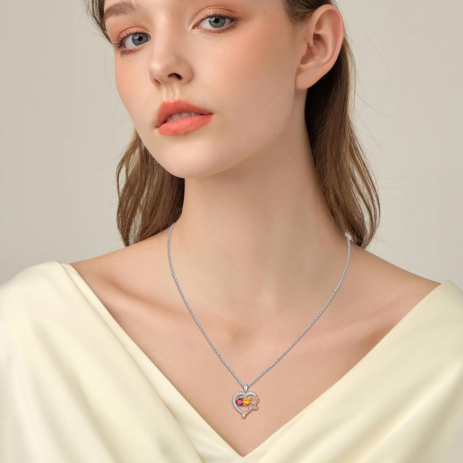 KQ&TTENG Birthstone Necklaces for Women - Rose Flower Heart Pendant Necklace with Double Birthstone Jewelry Anniversary Birthday Gifts for Her Wife Girlfriend Mom - Image 3
