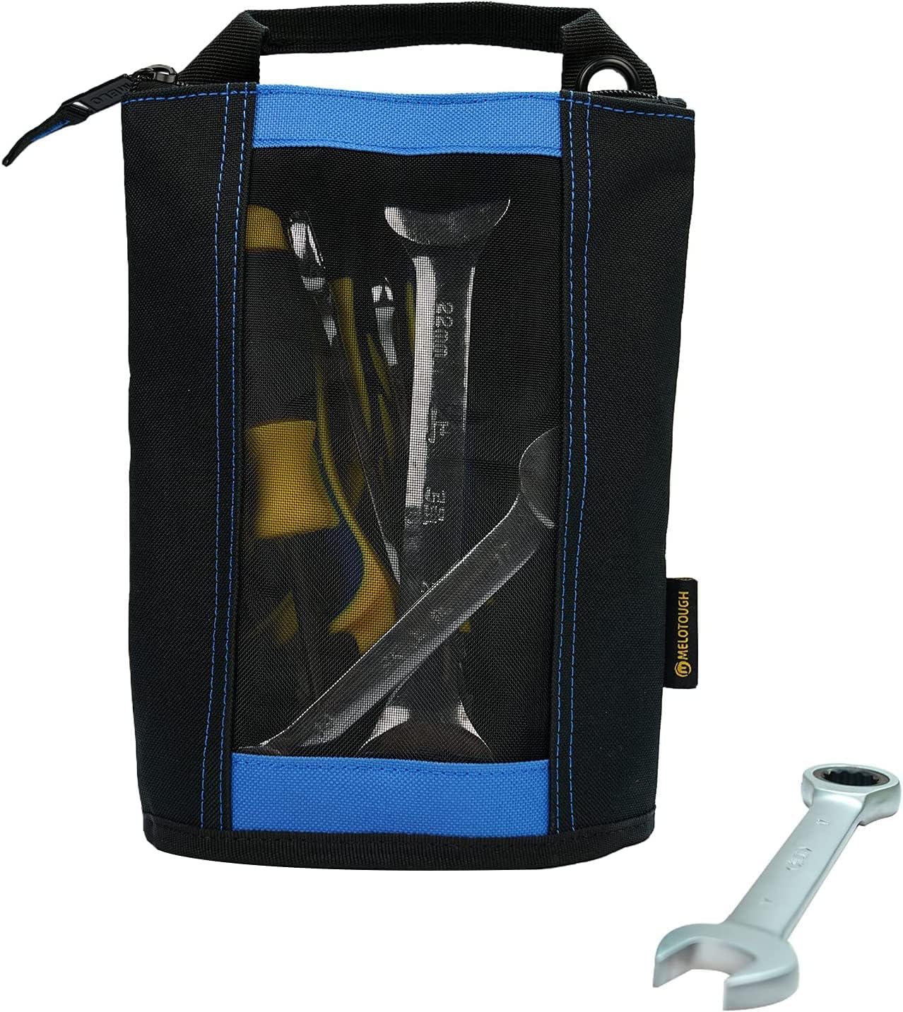 MELOTOUGH Utility Canvas Zipper Tool Bag Fastener Bag Heavy Duty Mesh Window, Hanging Grommets (Blue)