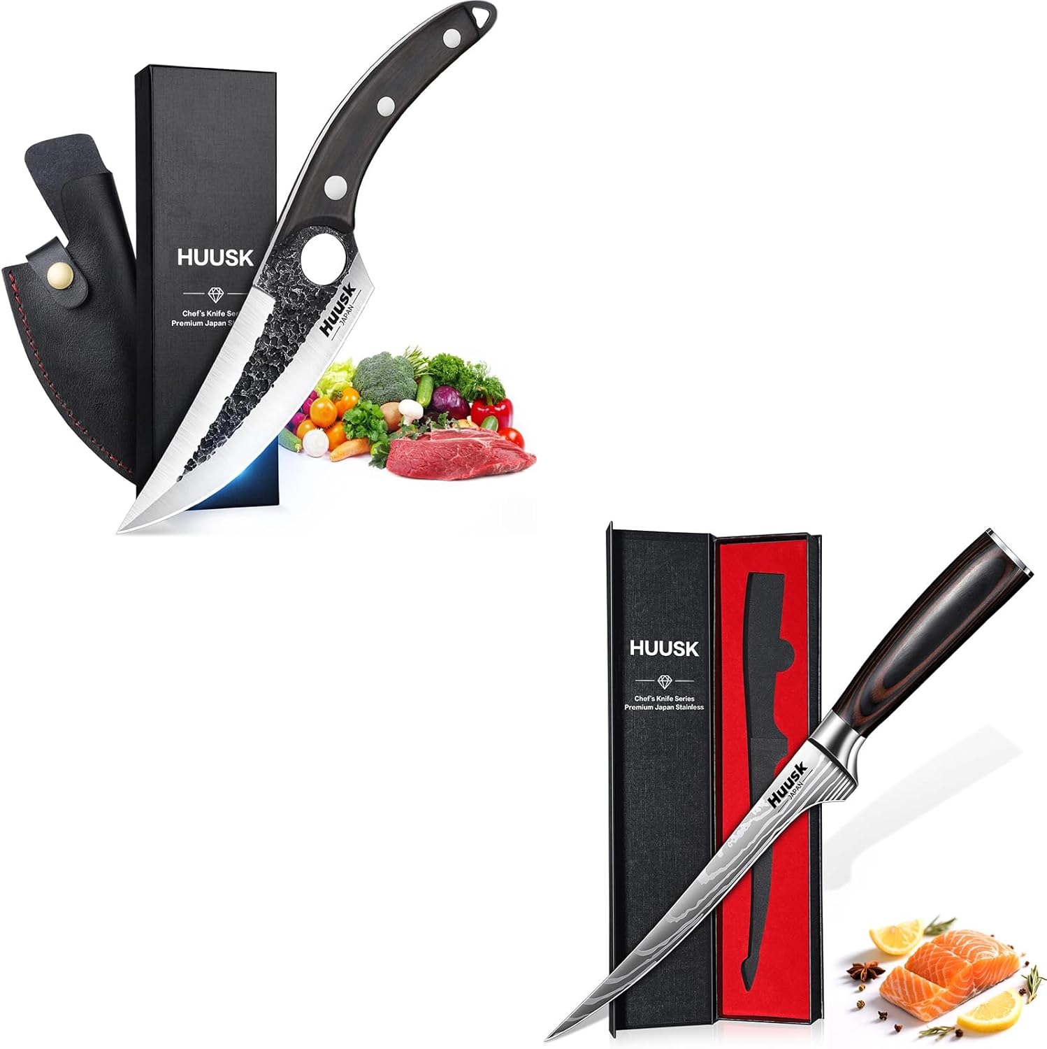 Huusk Filet Knife for Fish - 7 Inch Fish Fillet Knife Bundle with a Caveman Ultimo Knife,Flexible Boning Knives for Meat Cutting, Professional Japanese Fishing Knives for Meat Poultry Cutting