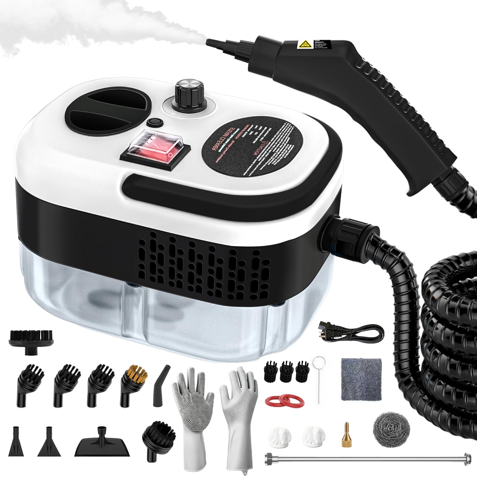 Limpiador a vapor 30 segundos de tiempo de calentamiento, depósito de agua de 1,2 l, 20 accesorios para suelos, ventanas, baño, sin productos químicos, certificado GS (blanco)