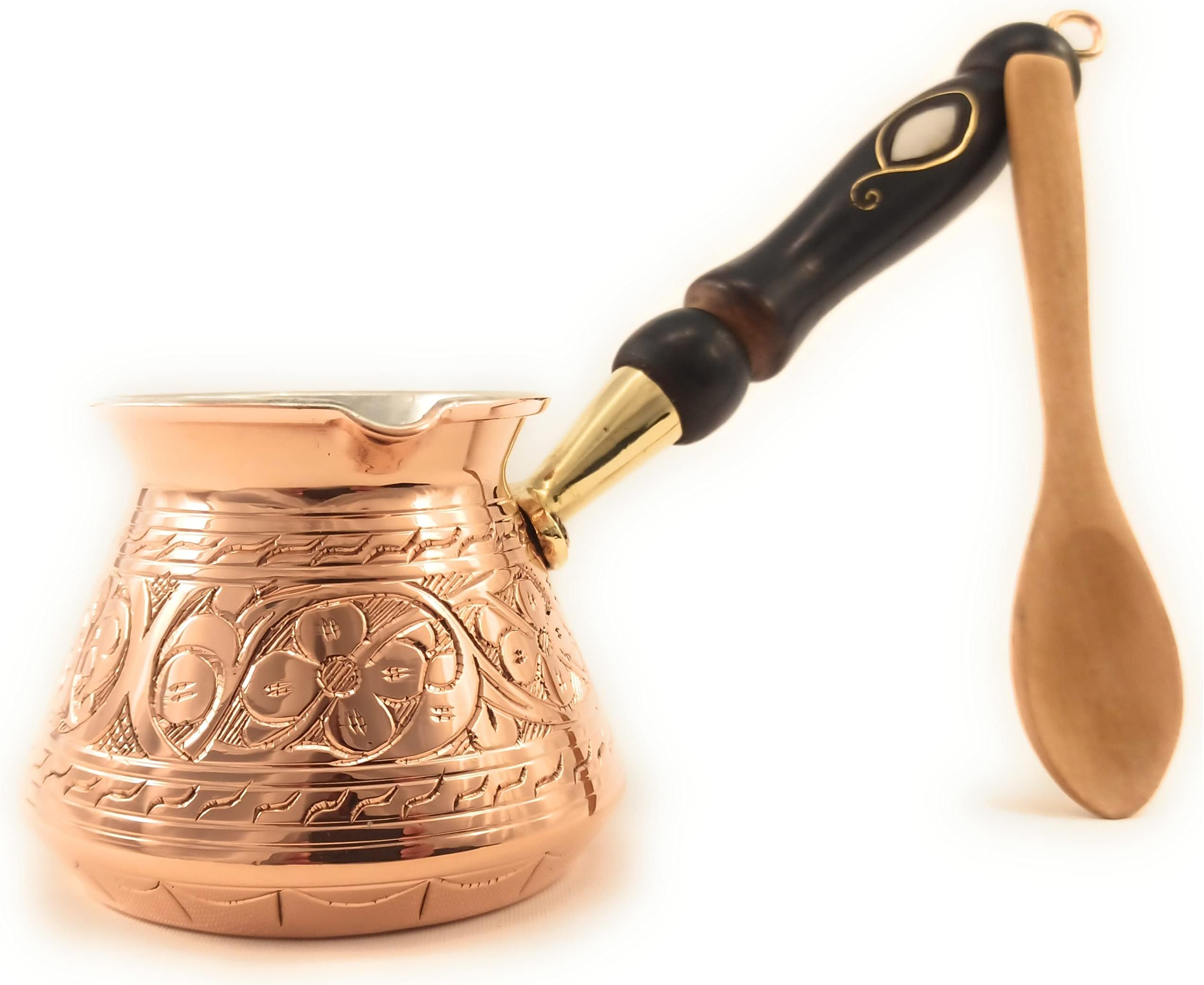 ACI Series (Small-9 fl oz) - Thickest Solid Engraved Copper Turkish Greek Arabic Coffee Pot, Stovetop Coffee Maker, Jazzve, Cezve Ibrik, Briki, Café Turco with Wooden Handle