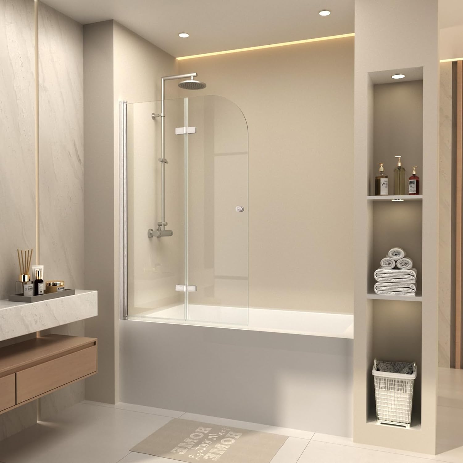 CKB Pivot Bathtub Shower Door installed in a modern bathroom.