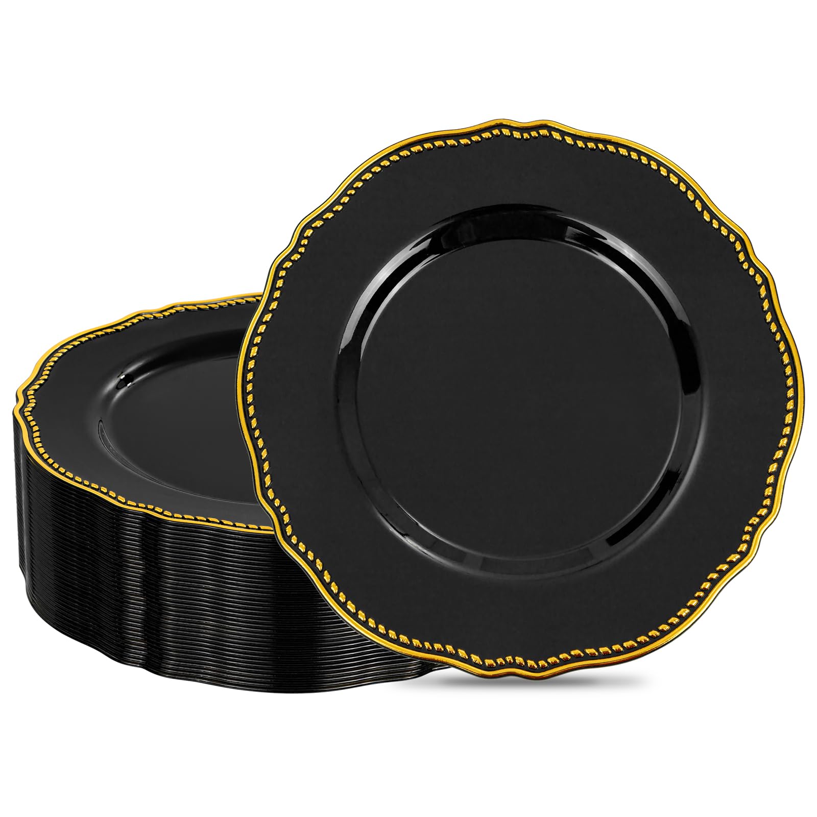Hioasis 60pcs Balck Plastic Plates - Black and Gold Disposable Dinnerware with Gold Rim, Heavy-duty, 10.25 inch, Dinner Plates for Party & Wedding