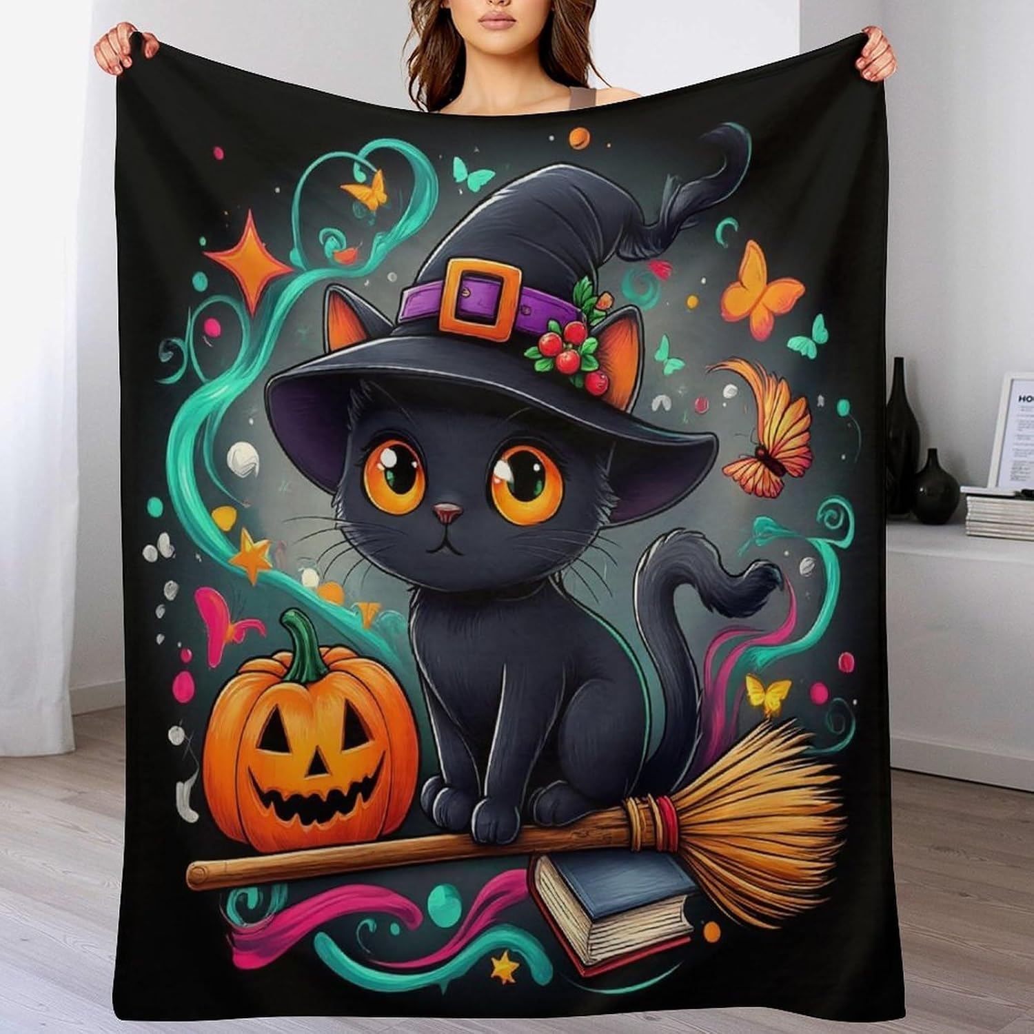 Halloween Cat Pumpkin(1) Flannel Throw Blankets Soft Lightweight Fuzzy Plush Decor Blankets and Throws for Couch Sofa Bed 50"x60"