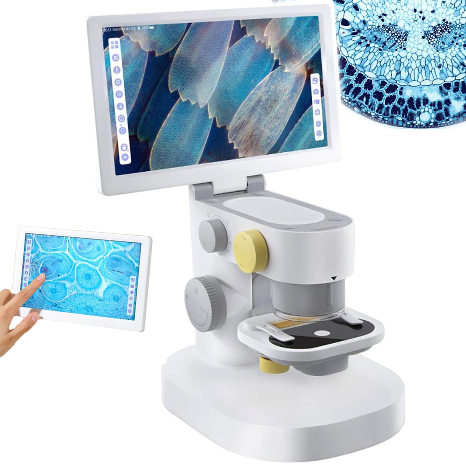 Microscopio Biologico Digitale, Microscopio Digitale Ad Alta Definizione con Touch Screen da 9 Pollici, 3 Lenti, Doppia Illuminazione A LED, Risoluzione 1080p - per Ricerca Biologica,White