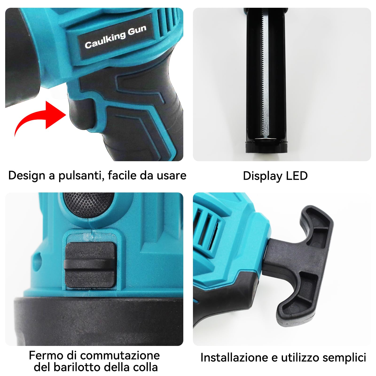 Pistola a cartuccia a batteria, 300 ml, compatibile con Makita 18 V, siringa elettrica in silicone a 4 velocità e luce LED, pressa per cartuccia per sigillare e stuccare (senza batteria)