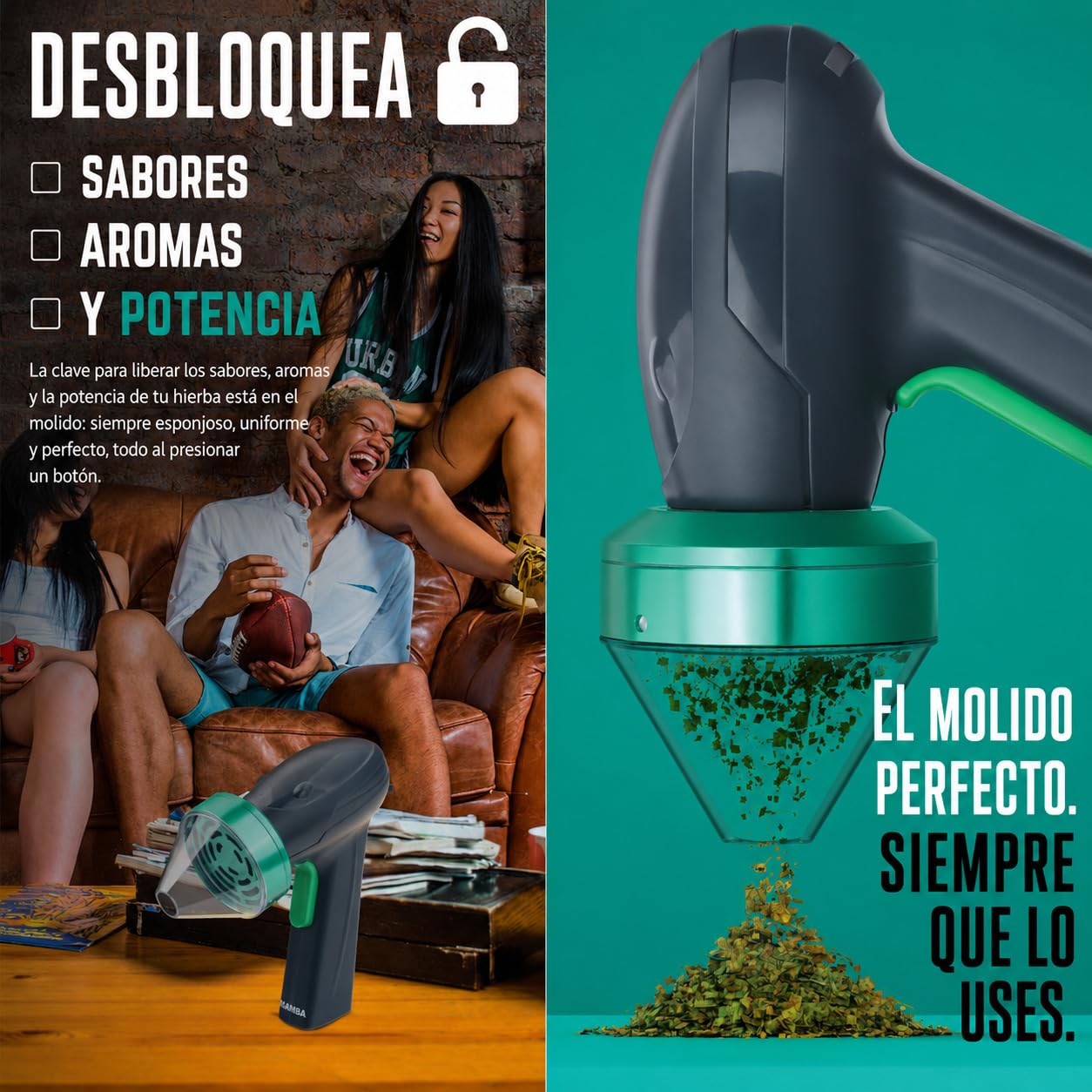 Mamba Monster Molinillo 3,5g para Especias Recargable USB, Verde | 3,5g capacidad, tubo cargador integrado, molienda unimanual, ideal para hierbas y especias de cocina
