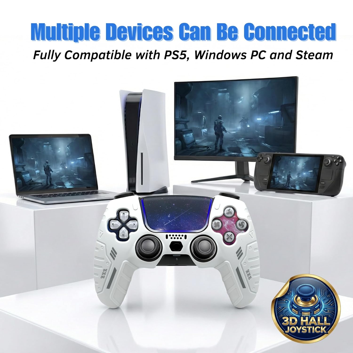 NexoGame Wireless Controller for PS5 with 3D Hall Effect Joysticks, Bluetooth 5.0 Gamepad with Motion Control, Dual Vibration, USB C Rechargeable Design, Compatible with PS5 Console and Windows PC Gaming (Galaxy White) - Image 2