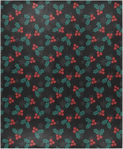 KLL Manta de felpa de bayas de acebo de Navidad de 50 x 60 pulgadas, manta de invierno de franela para campamento, sofá, oficina