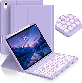 JKSML for iPad A16 11th/10th Gen case with Keyboard, Round Key, 7 Color Backlit, Detachable Wireless Keyboard, Stand Folio Cover with Side Pen Holder for iPad 10.9" 2022/ 11" 2025 - Purple