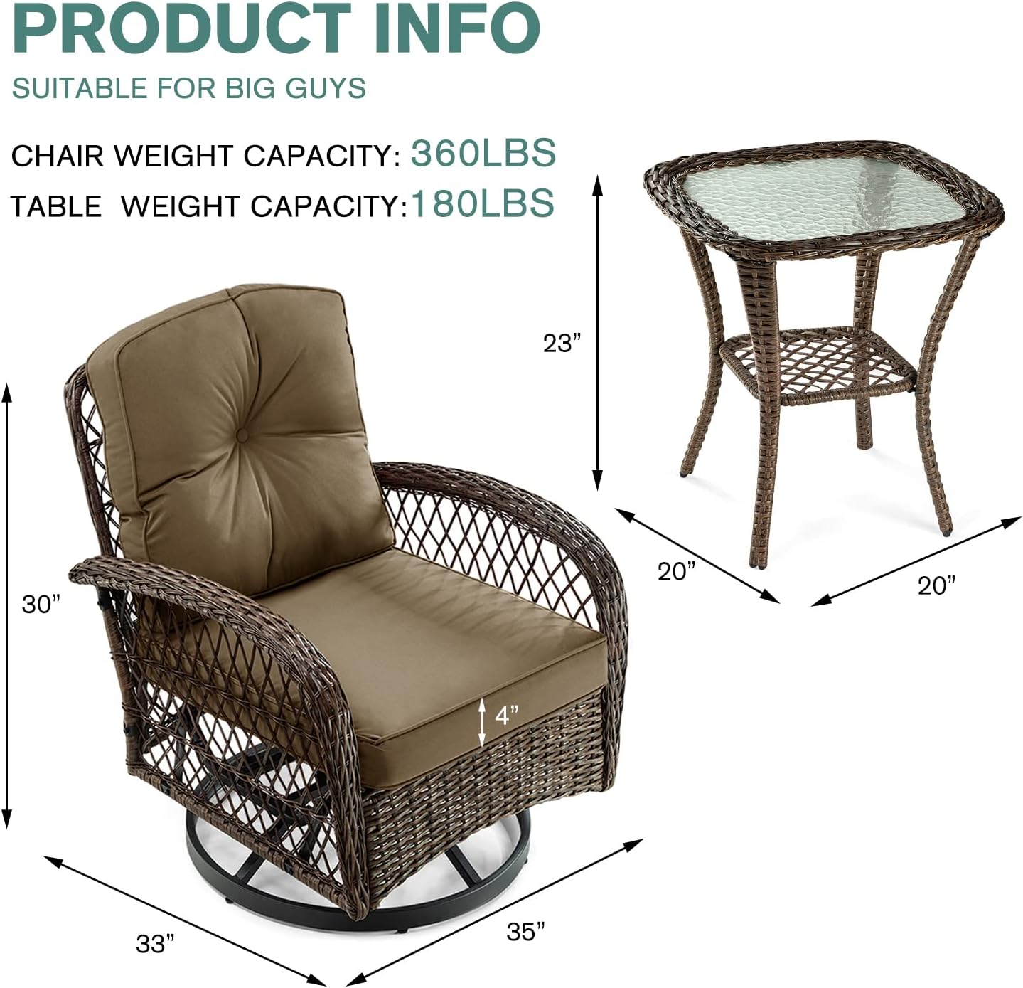 IMUsee Patio Furniture Set, 3 Pieces Swivel Rocking Chairs Outdoor Wicker Patio Bistro Set with Thick 4" Cushions, Brown & Khaki