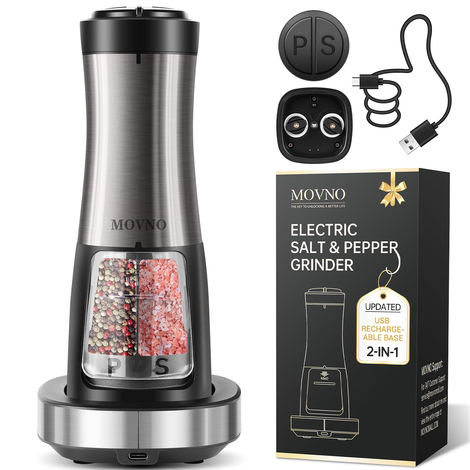 MOVNO 2 in 1 Rechargeable Electric Salt and Pepper Grinder Set with Charging Base, No Need Battery Automatic Salt and Pepper Grinder, One-Handed Operation, Adjustable Ceramic Grinder with LED Light
