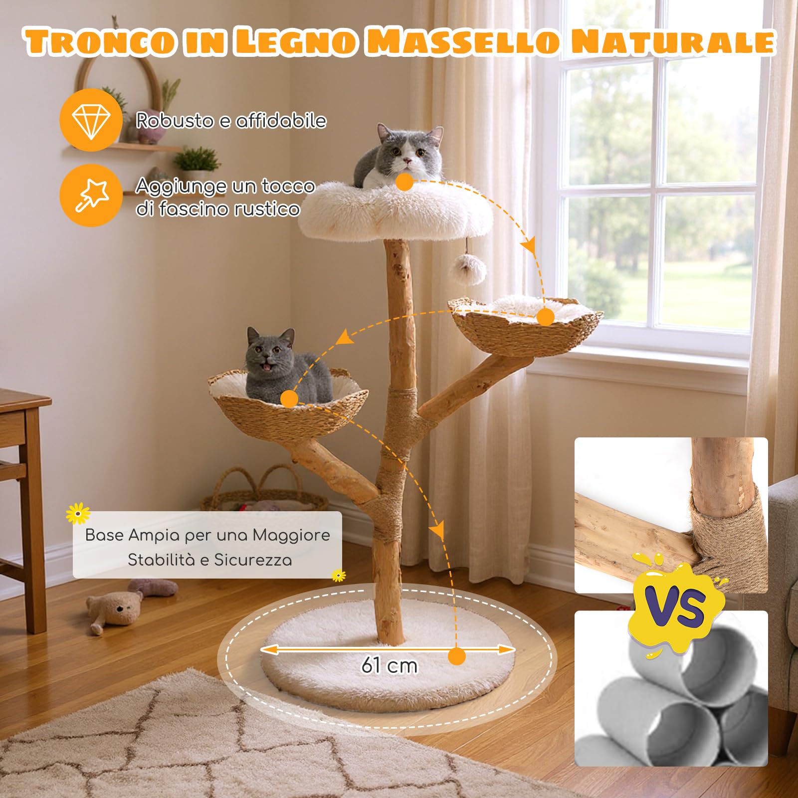 COSTWAY Albero per Gatti, Tiragraffi per Gattini Alta 122 cm con Ramo in Legno con Piattaforma a Fiore, 2 Cesti in Rattan, Pali Tiragraffi in Juta e Pallina Pendente, Mobile per Gatti da Interno