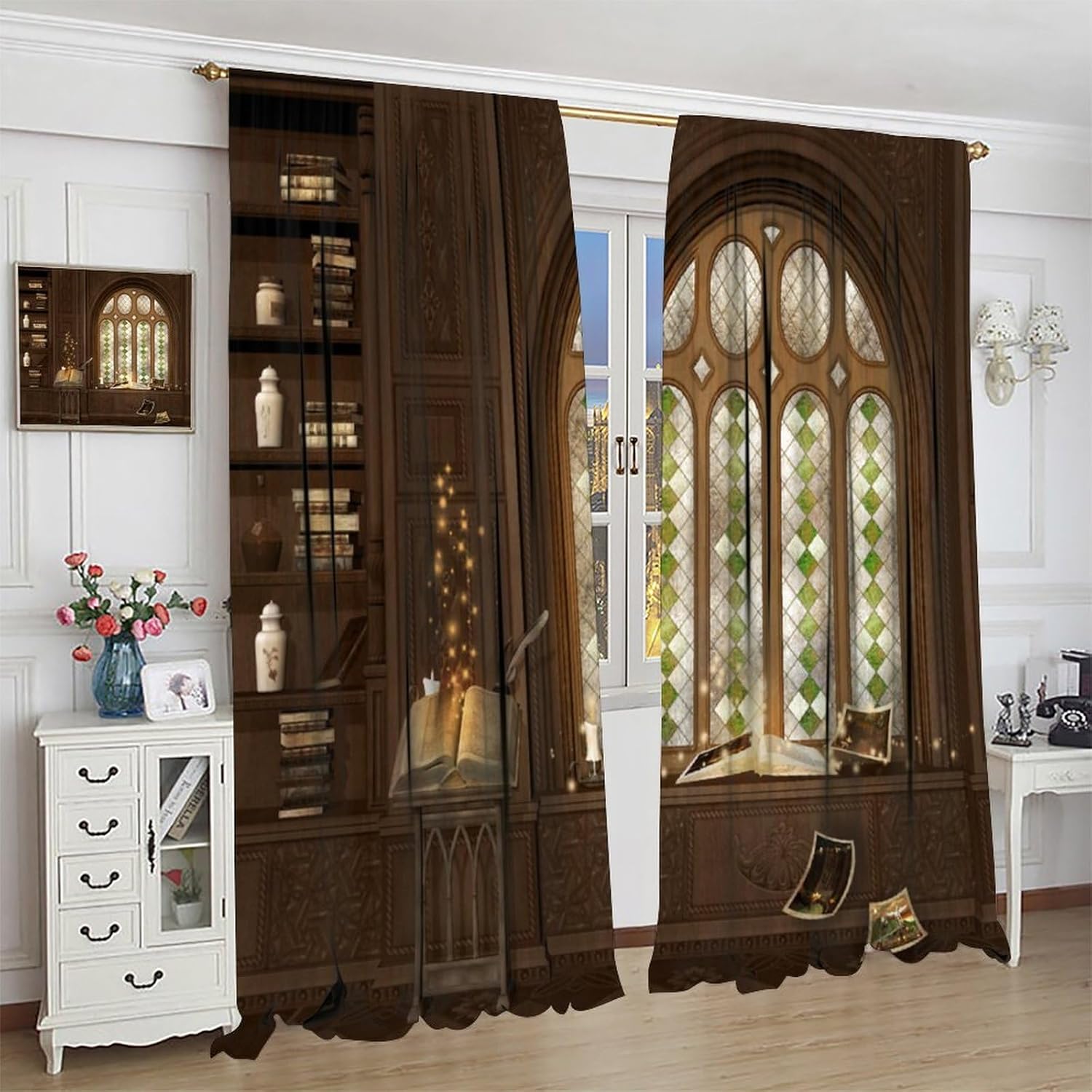 Vintage Gothic Architecture Curtains, Books with Magic Glitter Retro Carved Wall, Blackout Thermal Insulation Rod Pocket Window Treatments for Living Room Bedroom Bathroom (21x45in) x2 Panels