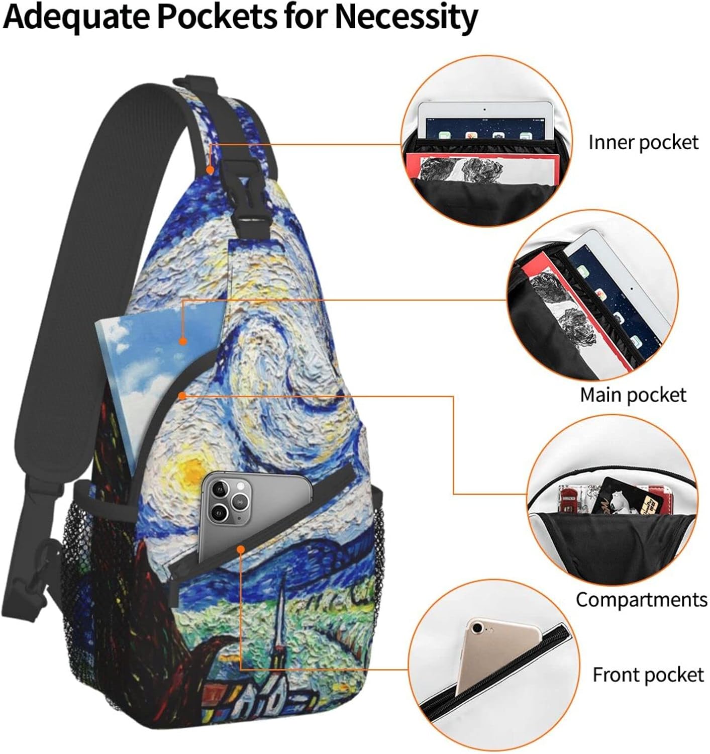 GTEVUTS Starry Painting Night Blue Sling Backpack, Fashion Casual Crossbody Chest Shoulder Bag Travel Camping Daypack for Women Men - Image 4