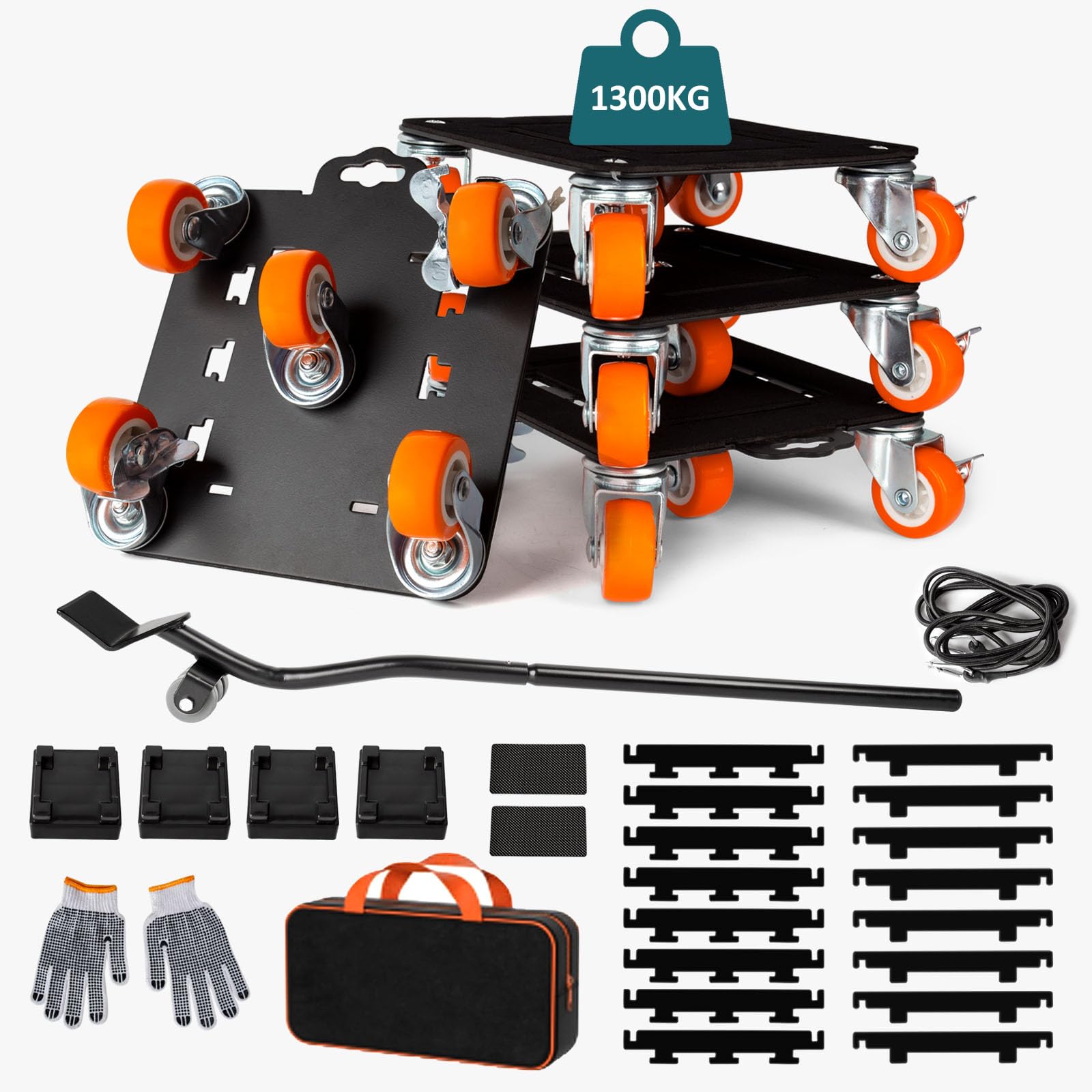 Kit Sollevatore Mobili, Spostare Mobili Pesanti, Kit Spostamento Mobili con Funzione di Parcheggio, Carico 1300 kg, con 5 Ruote Girevoli 360° per Spostamento Facile dei Mobili Arancione