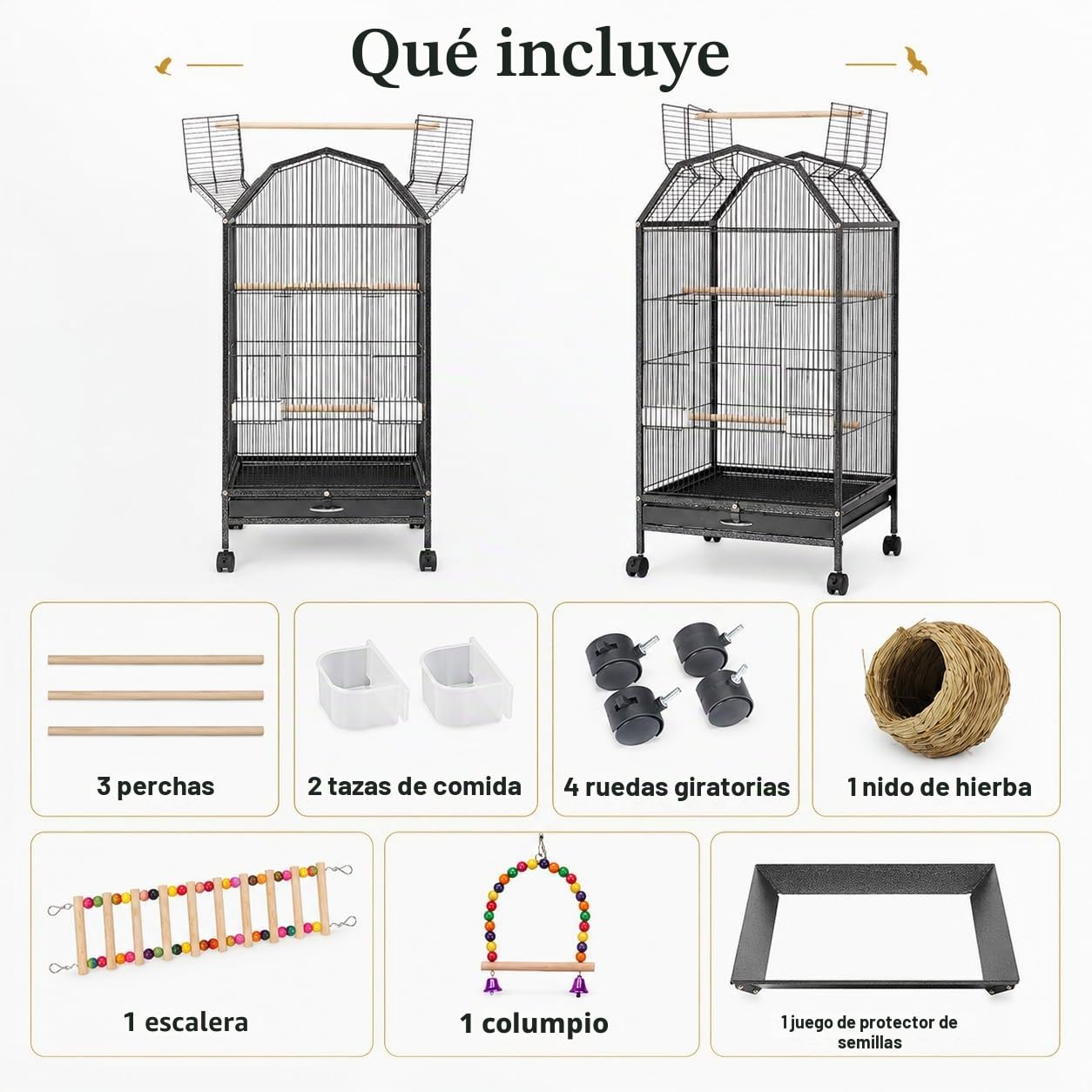 Jaula grande de lujo para loros de 39.9 pulgadas con soporte rodante, transportador portátil para pájaros con comedero y juguetes para loros grises africanos, periquitos y pájaros medianos, jaula de