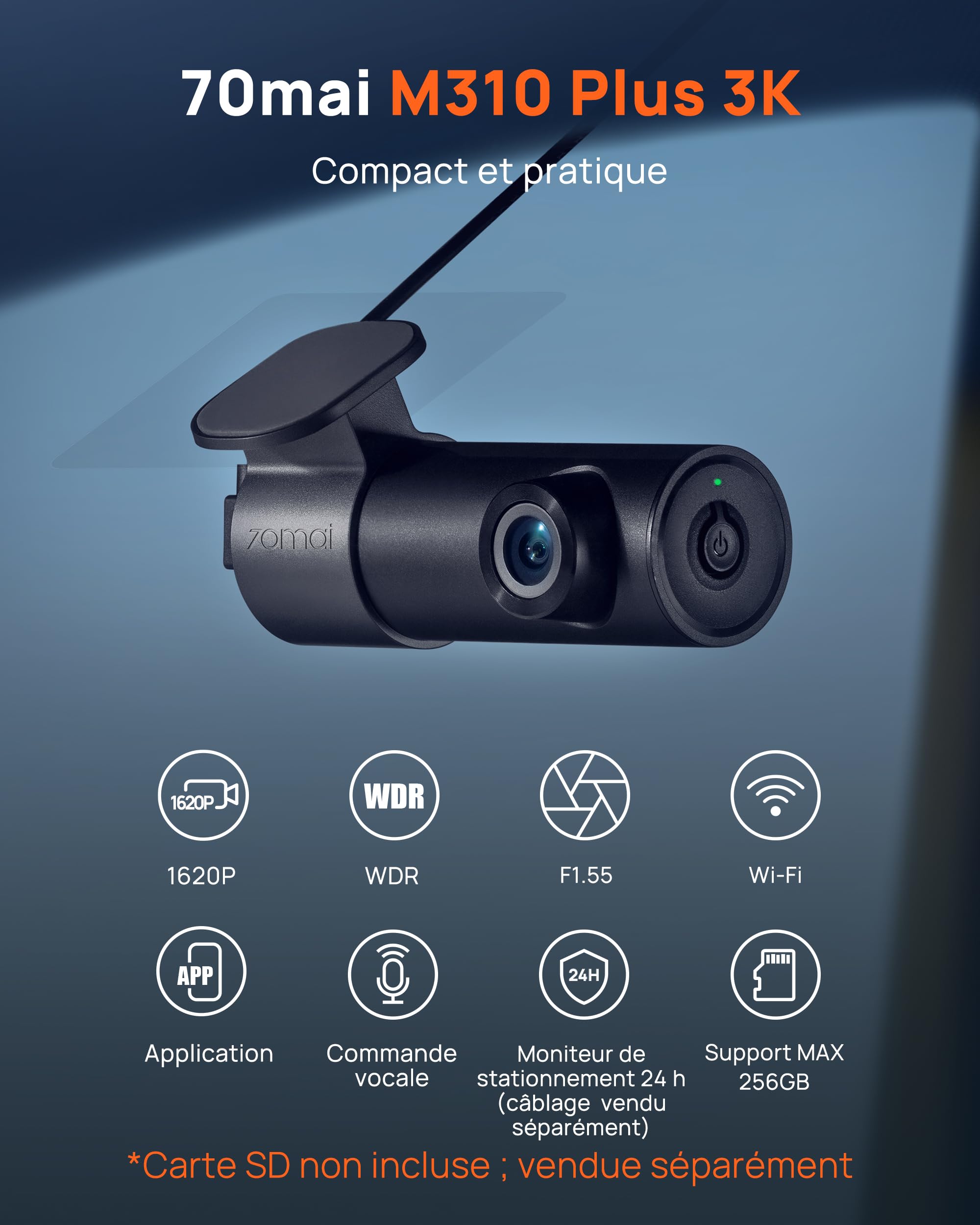 70mai Dash Cam Voiture M310 Plus 3K, 1620P Caméra Embarquée Voiture avec WDR,Vision Nocturne, Enregistrement en Boucle, Mode Stationnement 24H,G-Capteur, Dashcam sans Fil de Contrôle APP, Max 256 Go