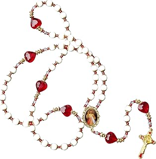 Gifts by Lulee, LLC The Divine Mercy Milk Glass 10mm Beaded Rosary with Gold Plated Benedictine Crucifix and Findings Cabochon Centerpiece with Color Image Includes a Blessed Prayer Card