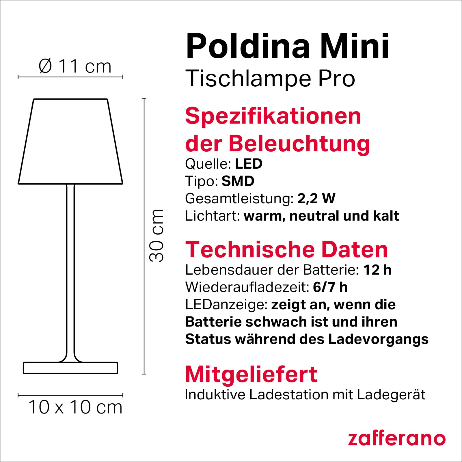Zafferano, Poldina Pro Mini Lampe, Kabellose, Wiederaufladbare Tischlampe mit Touch Control, Auch für den Außenbereich Geeignet, Dimmer, 2200-3000 K, Höhe 30 cm, Farbe Dunkelgrau