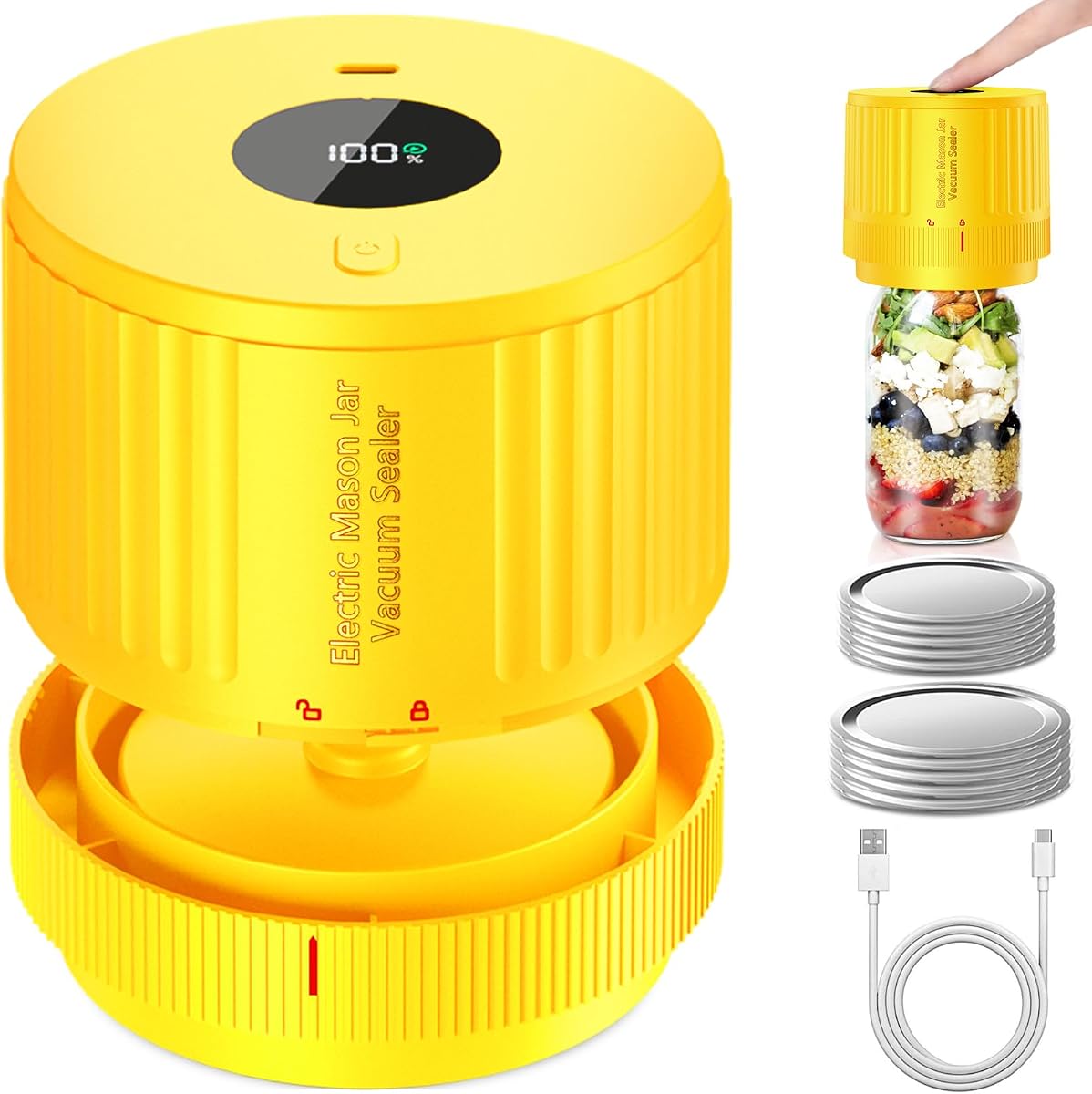 LOVE MOMENT Kit de sellador al vacío eléctrico para tarros de masón - Amarillo | para tarro de boca ancha y boca regular