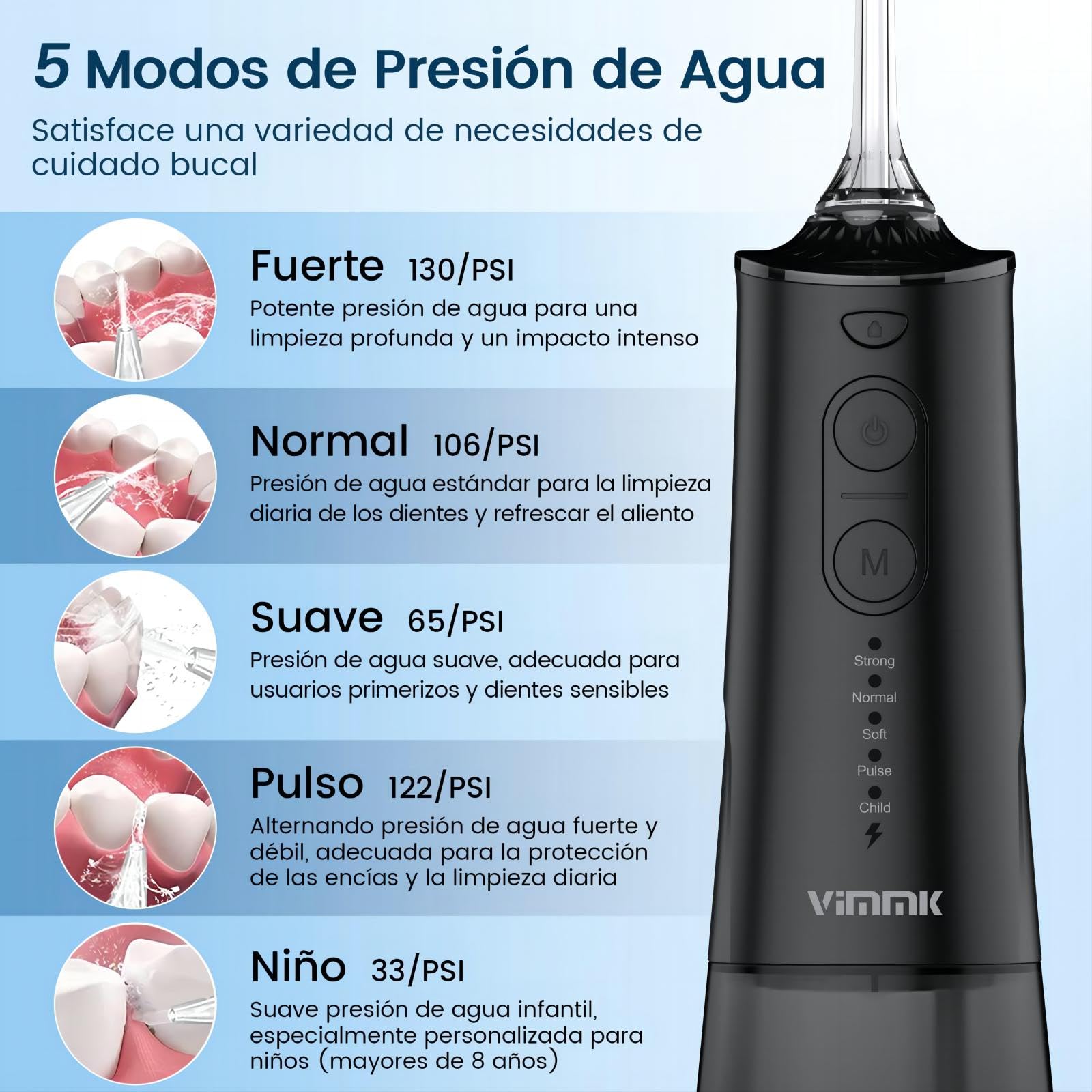 Irrigatore orale portatile Vimmk Irrigatore dentale senza fili professionale 8 ugelli 5 modalità, IPX7 impermeabile 300 ml USB-C ricaricabile per la pulizia dei denti, per la casa e i viaggi (nero)