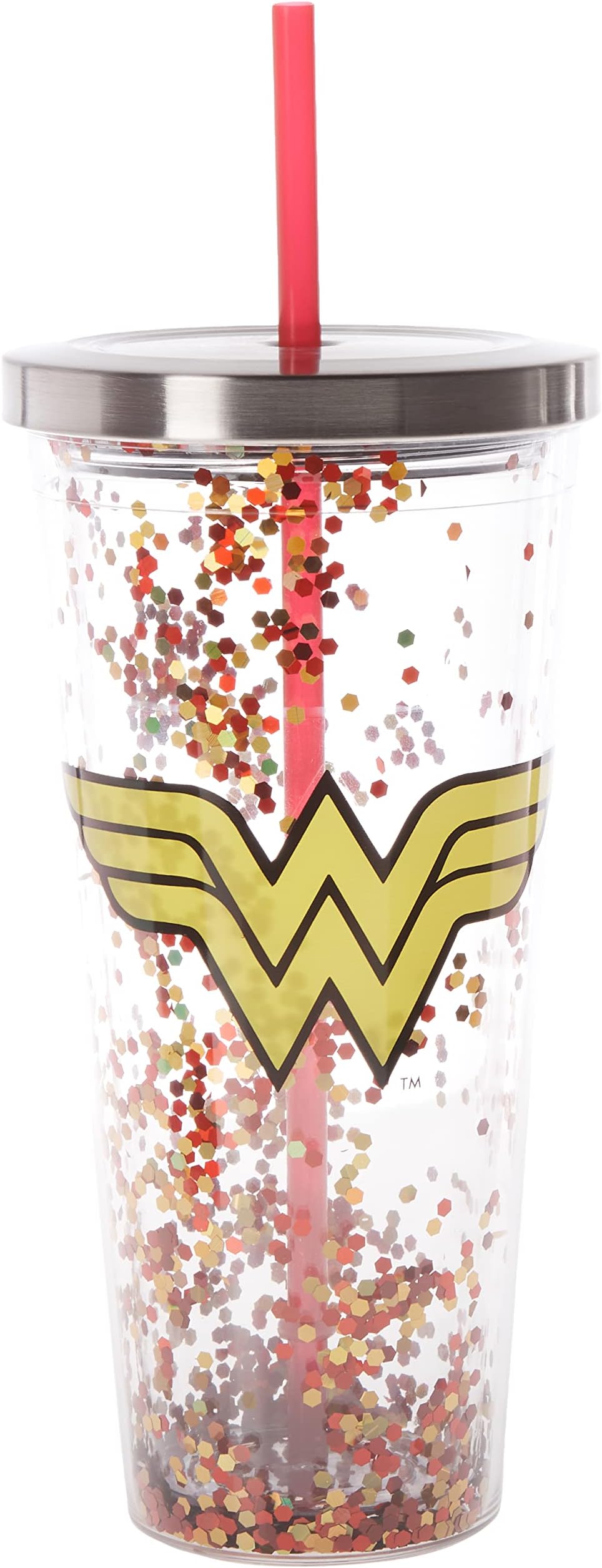 21337 Wonder Woman Logo Glitter Cup w/Straw, One Size, Red & Gold, 20 ounces