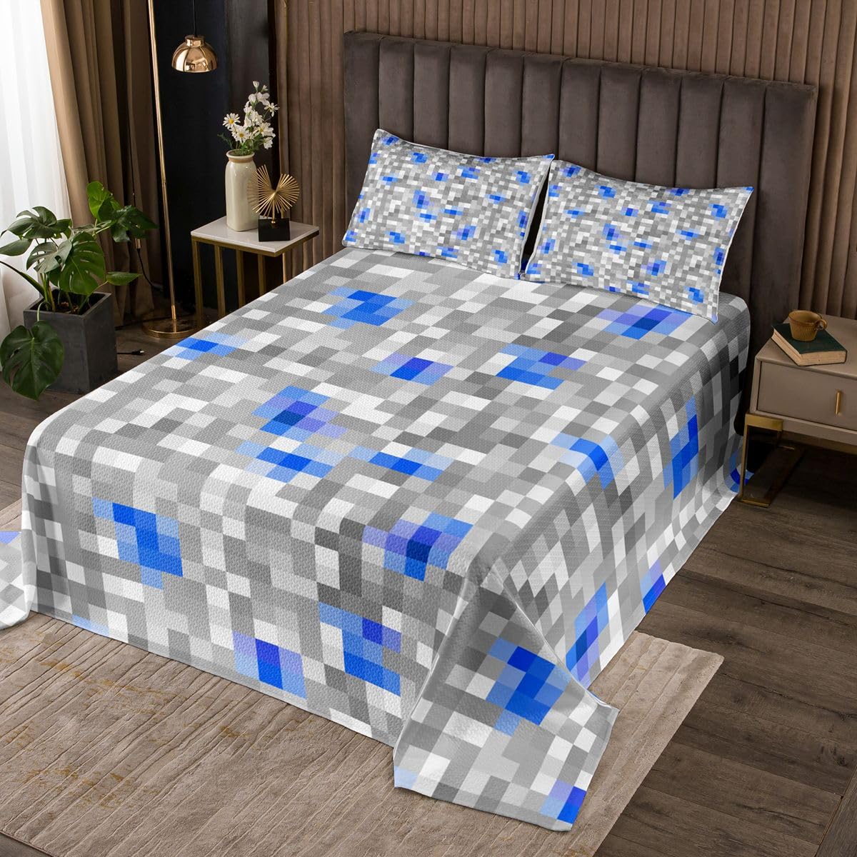 Szaro-niebieska pled w kratkę, 2 sztuki, motyw gry, dla dzieci, nastolatków, dorosłych, abstrakcyjna geometryczna patchwork, dekoracja, zestaw pościeli, rozmiar S