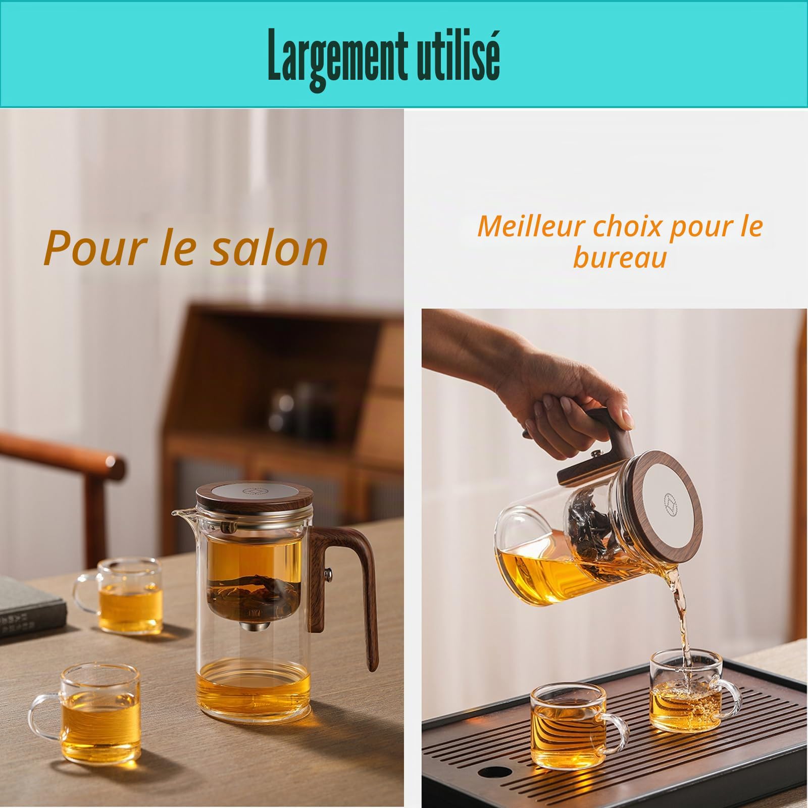 Tea Pot Enchantipot Magic Tea Pot - Théière magique avec séparation de l'eau - Press Control - Pot à thé magique avec poignée en bois - 600 ml - Gris