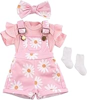 BABESIDE 4PCS Pink Flower Overalls for 17-22 Inch Reborn Baby Dolls - Cute Outfit with Headband & Socks, Lifelike Doll Clothes Set