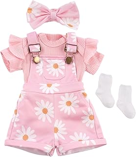 BABESIDE 4 Pcs Reborn Baby Doll Clothes for 17-22 Inch Babydolls, Cute Pink Flower Dolls Overalls Lifelike Reborn Baby Doll Accessories with Headband and Socks for Realistic Dolls Girl