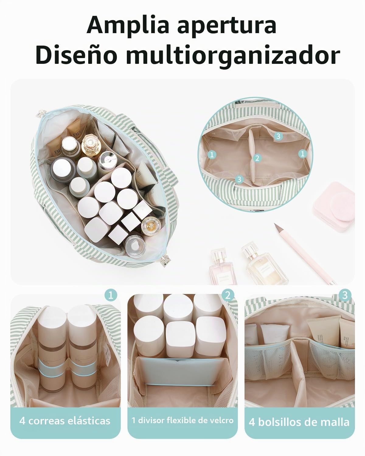 Narwey Neceser de Viaje para Mujer, Bolsa de Aseo Grande, Organizador de Maquillaje Portátil para Artículos de Aseo Tamaño Completo Viajes Accesorios (Rayas Verde Menta)