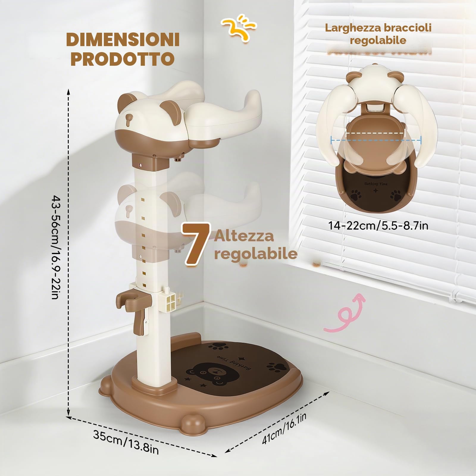 Supporto Doccia Bebè con Seduta, 7 Altezze Regolabili Antiscivolo | ABS senza BPA, seduta rimovibile, supporto doccetta, base antiscivolo, per bambini 6-36 mesi
