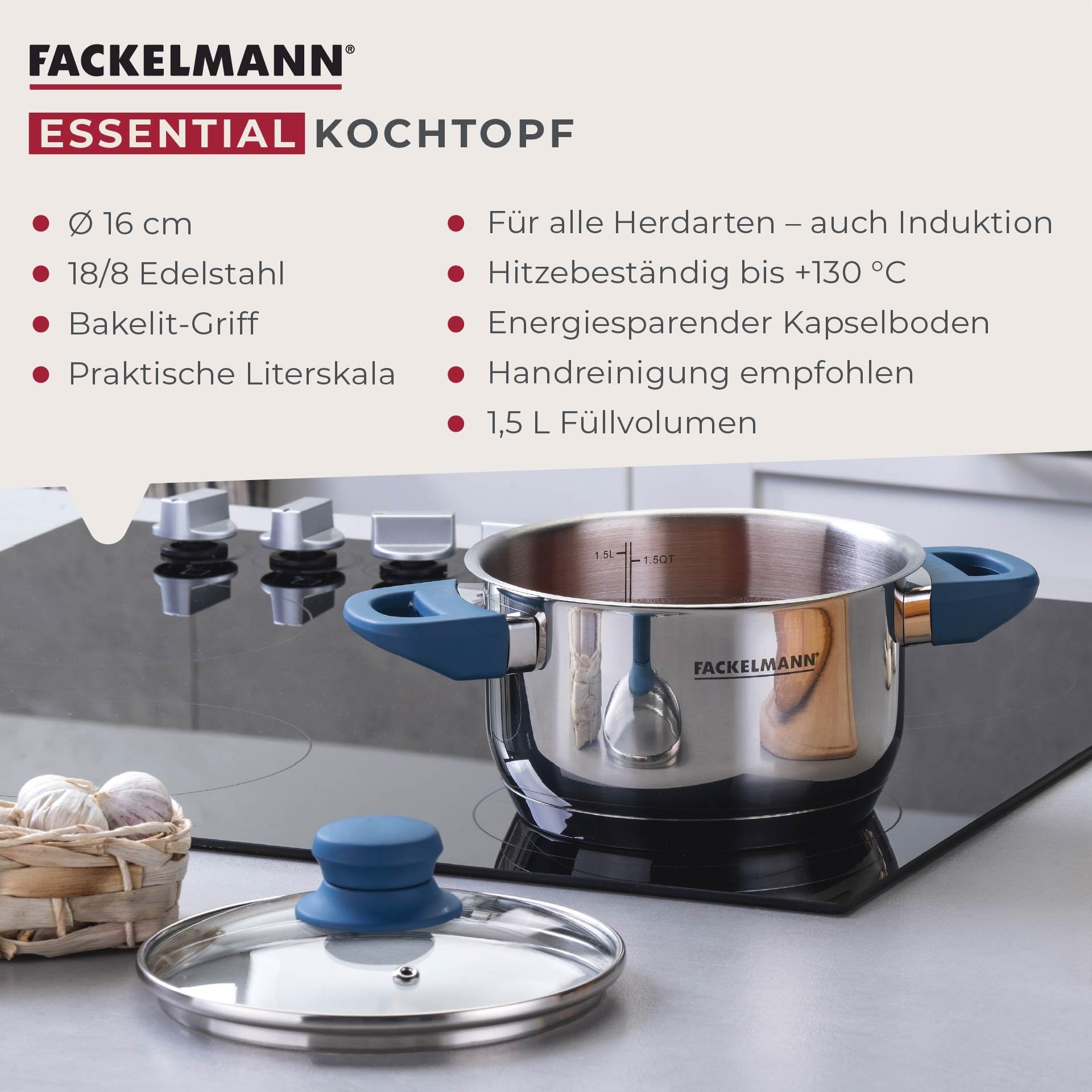 Fackelmann Pentola Essential Ø 16 cm, in acciaio inox, con manici ergonomici in bachelite, adatta a tutti i piani cottura, con scala litro
