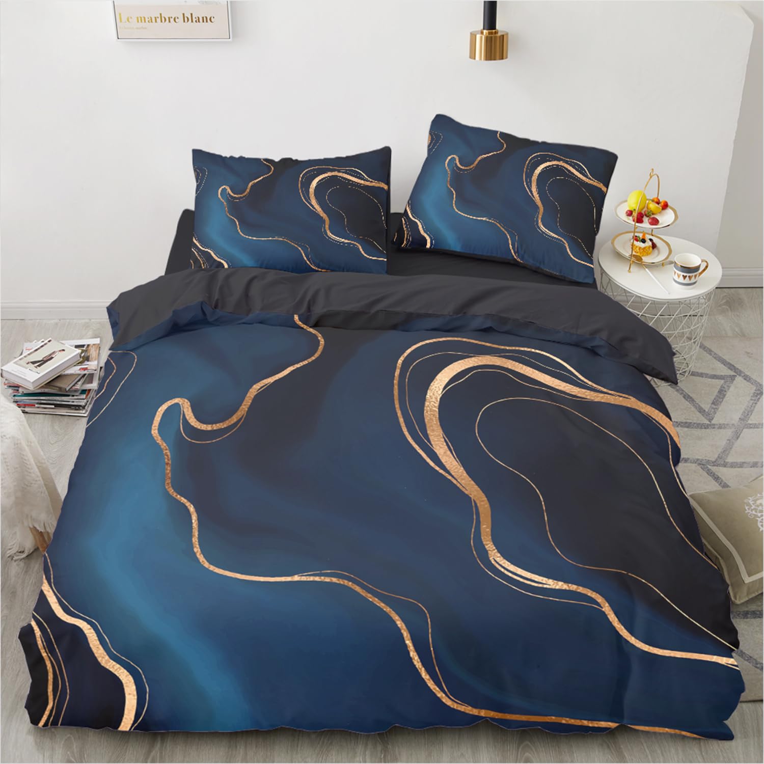 Housse de couette 240x260 marbre doré au motif 3D haut de gamme en microfine douce