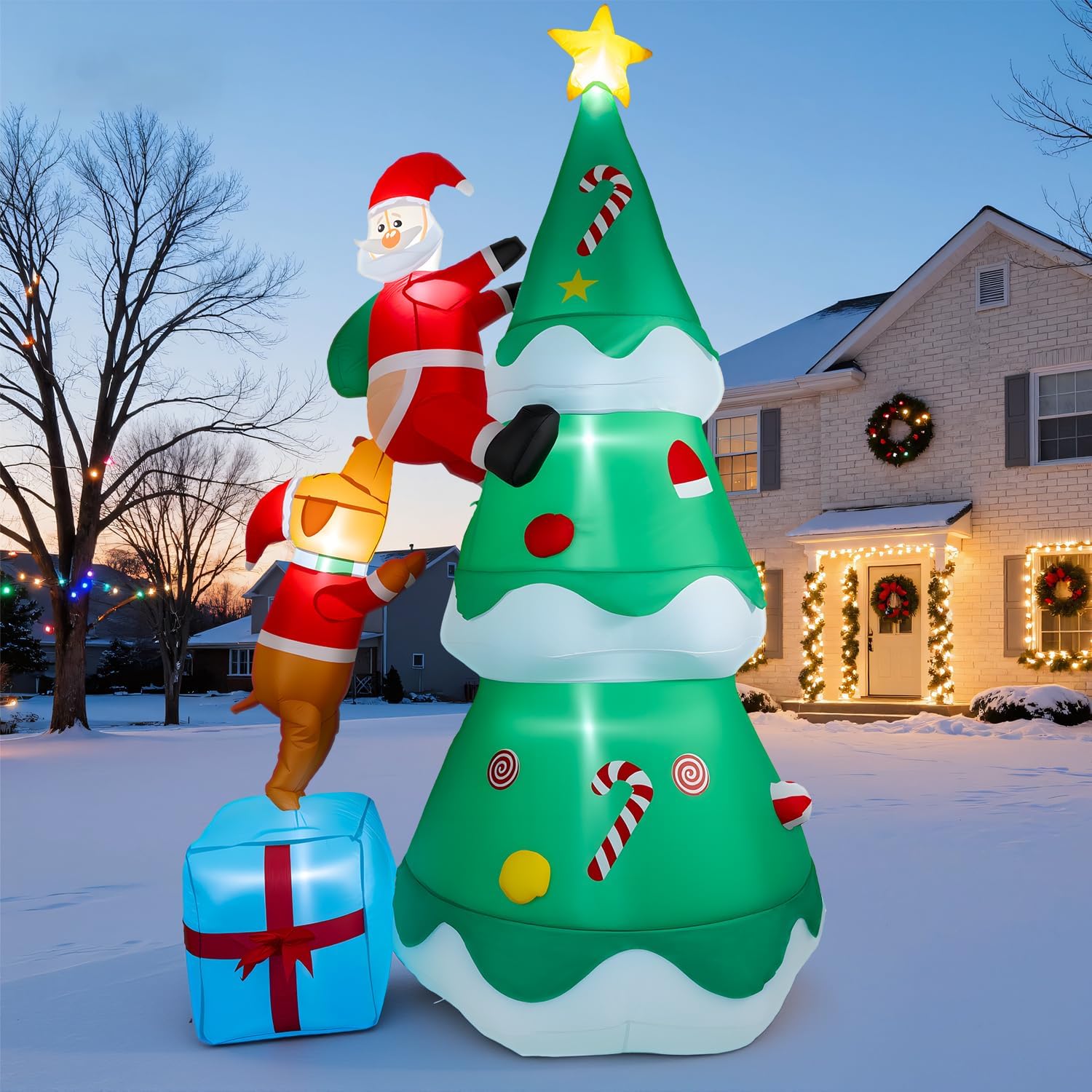 7 FT Inflatable Christmas Tree Built-in Bright LED Lights, Dog Bites Santa Claus Funny Xmas Decor, Blow UP Outdoor Yard Decoration for Holiday Party Garden Lawn Indoor