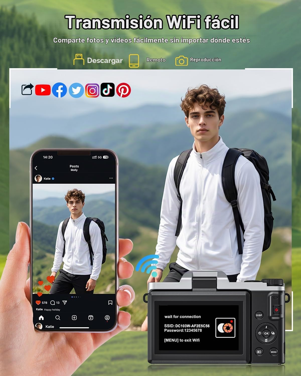 Cámara digital 4K con WiFi 64MP enfoque automático cámara de vlogging cámaras de viaje compactas para fotografía, pantalla abatible de 3 pulgadas 180°, zoom 16X, flash antivibración, tarjeta de 32 GB