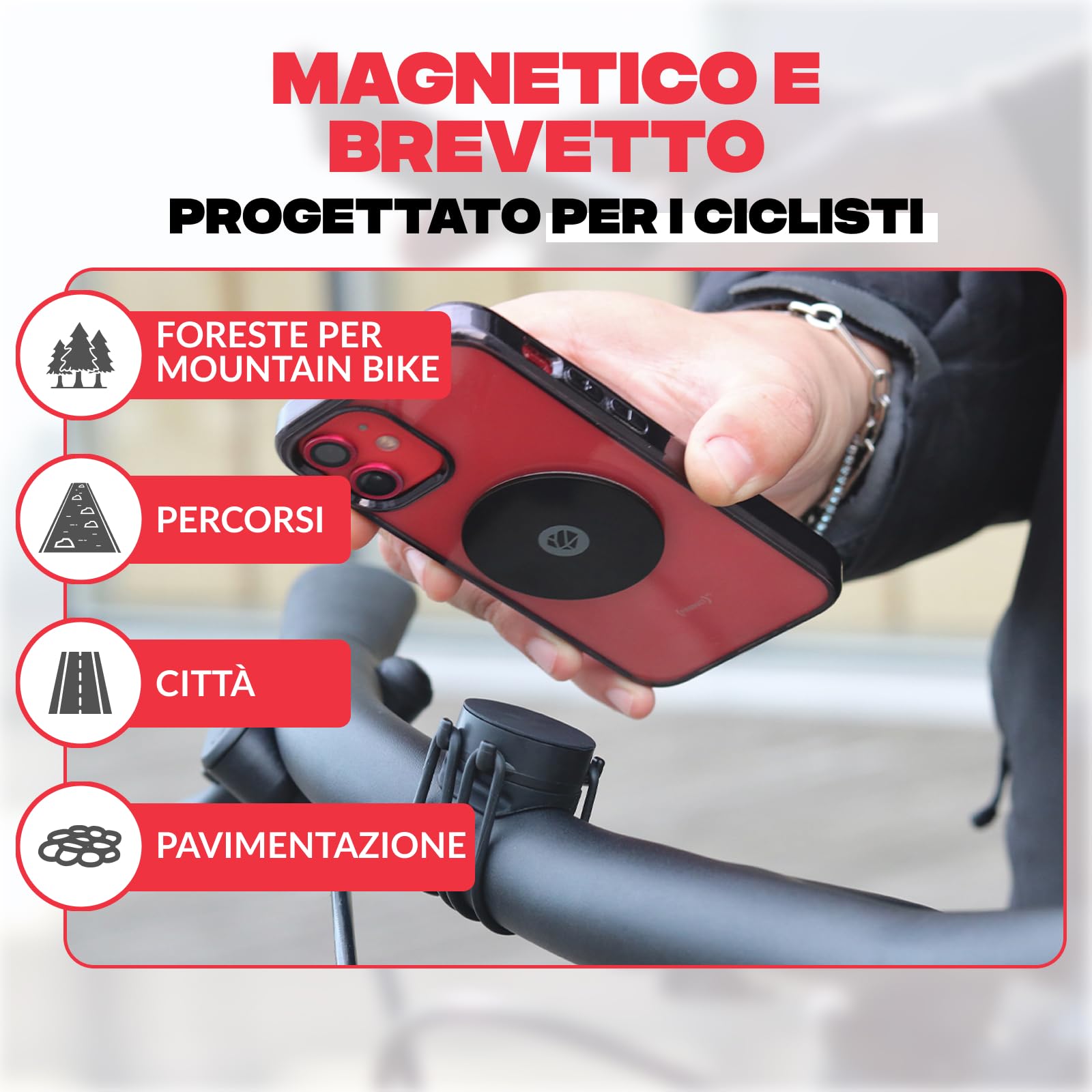 Shapeheart Porta Cellulare Bici Magnetica con Piastra Metallica Adesiva | Adesiva per cover lisce | Manubrio/potenza 20–50 mm | Attacca e stacca in 2 s | Ultrafine 1,5 mm | Per ogni telefono