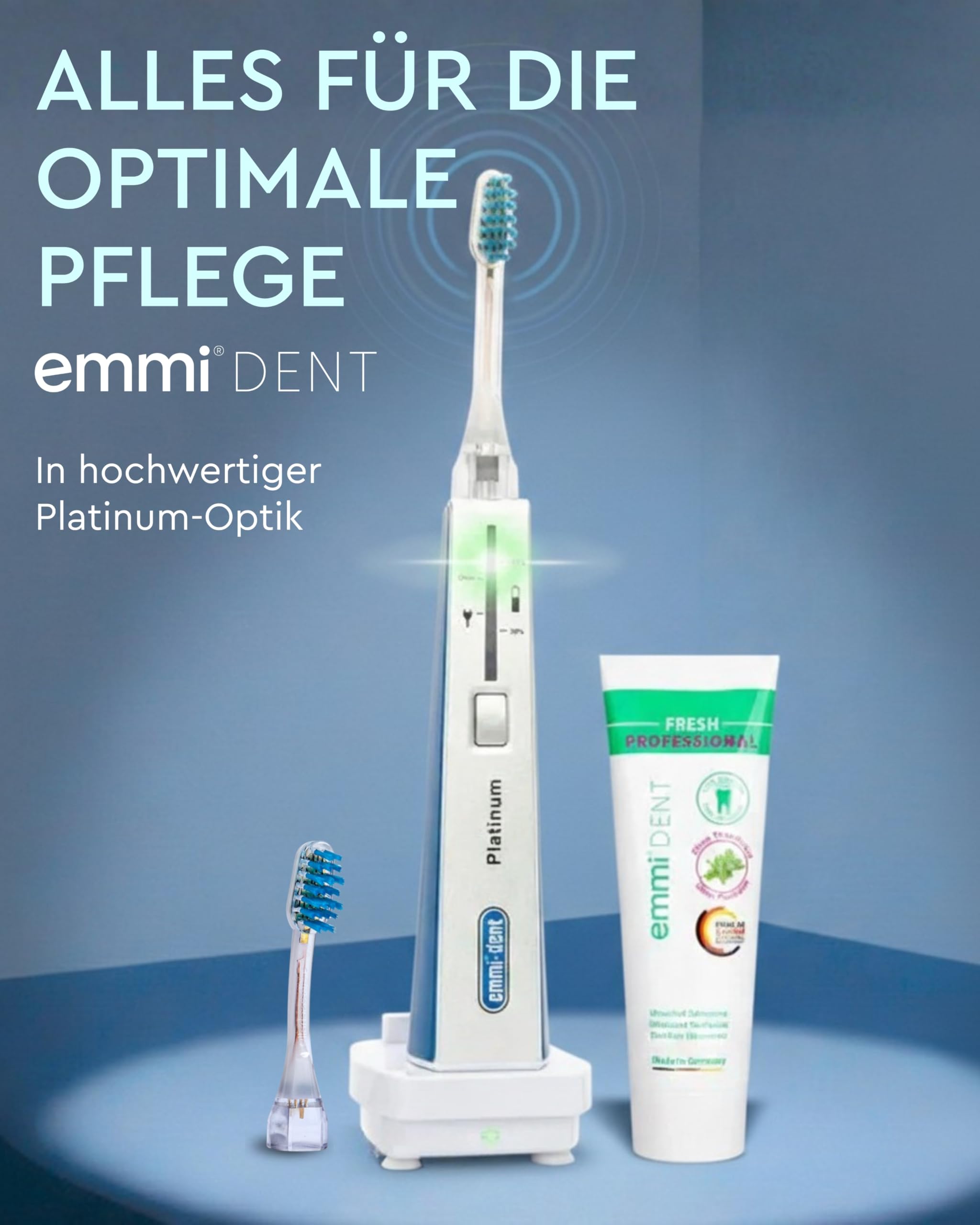 emmi-DENT Ultraschall Zahnbürste I Platinum Starter Set in Blau I inkl. Handteil, Ladestation, 2x Aufsatz & Zahnpasta I Plaque- & Zahnsteinreduzierung I Sanfte Reinigung ohne Bürstenbewegung