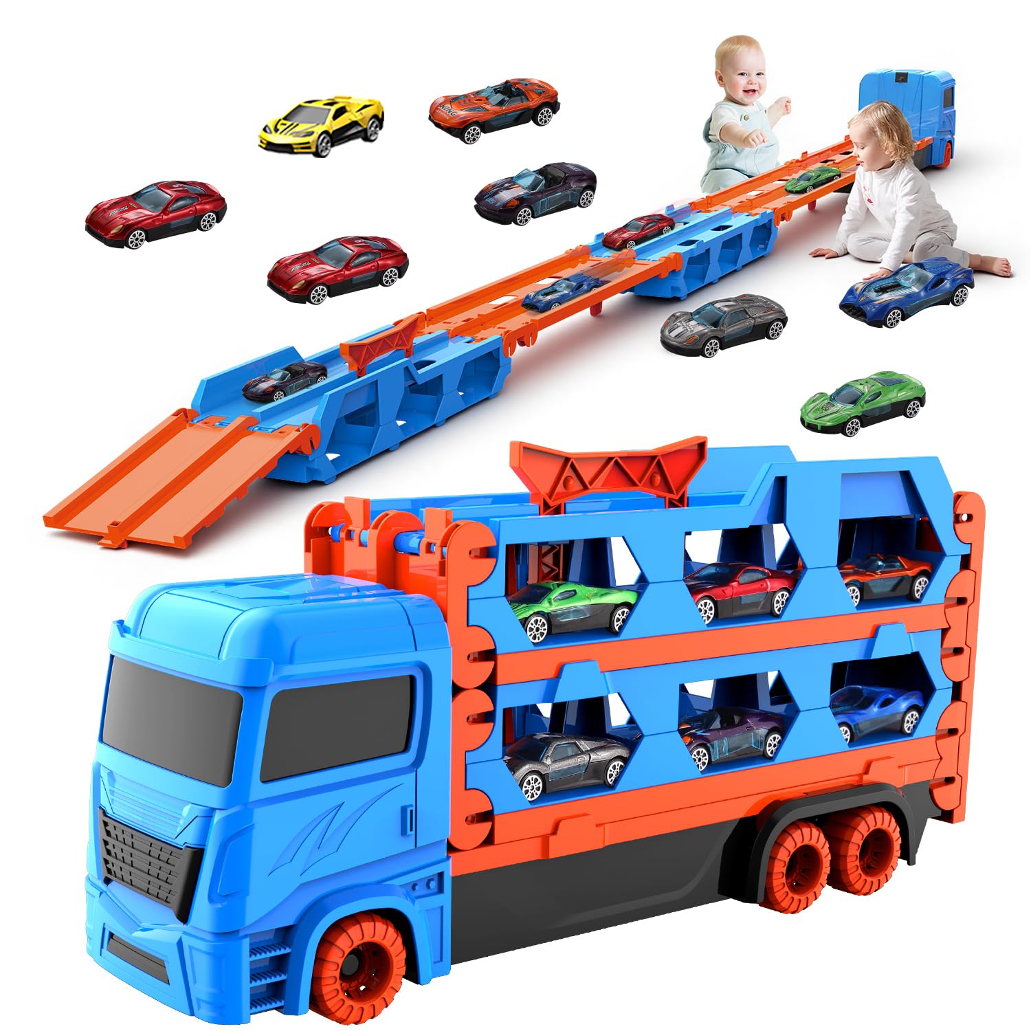 Camion Jouet avec 8 Voitures,Voiture Jouet pour Enfants de 3,4,5,6,7,8+Ans,Garage,Camion de Transporteur Portable et Pliable avec Circuit de Course de 61 Pouces,Cadeau d'anniversaire Noël pour Garçons