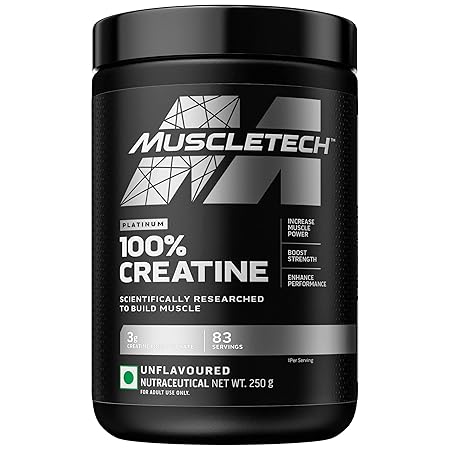 Muscletech Platinum 100% Creatine Powder (Unflavoured - 250 Gram, 83 Serves), Scientifically Researched to Build Muscle - Increase Muscle Power, Boost Strength & Enhance Performance