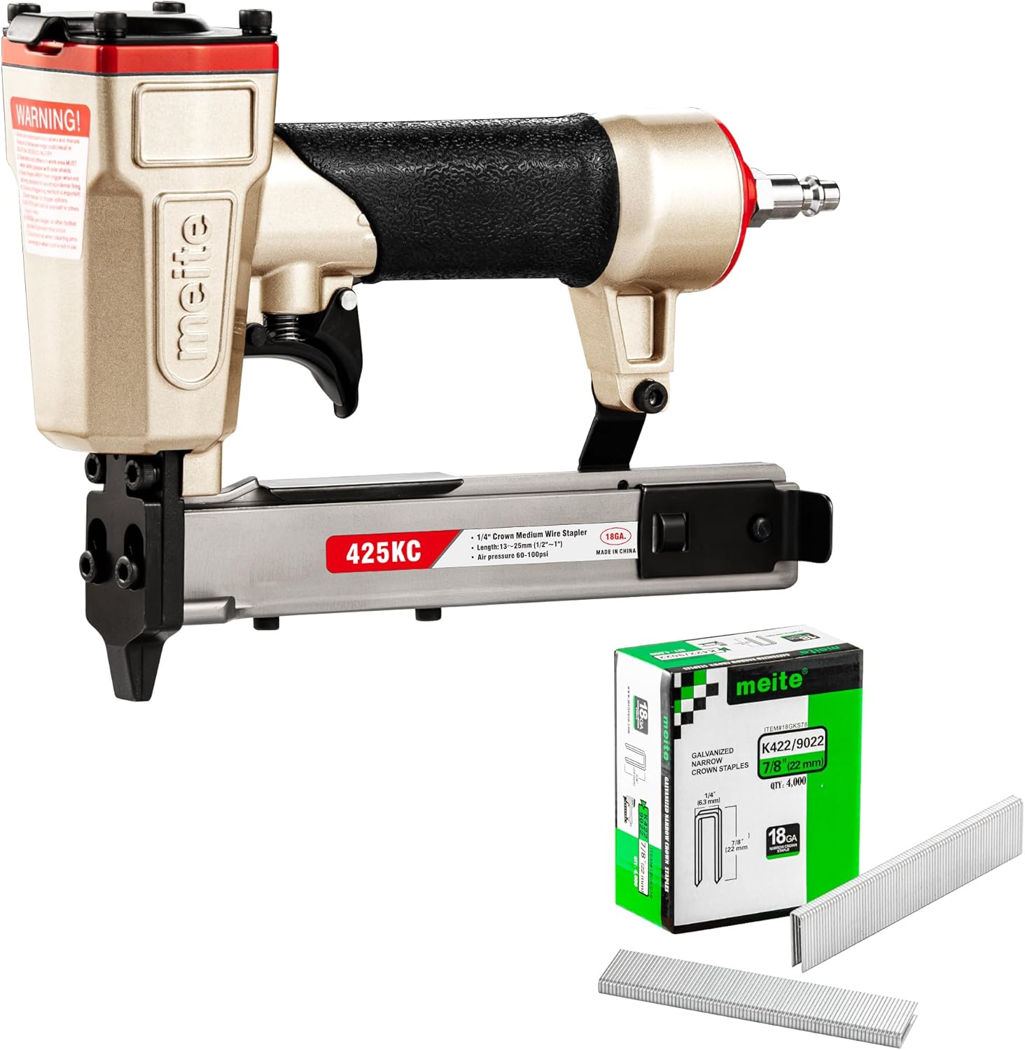 meite 425KC Narrow Crown Stapler with 18 Gauge 1/4" Crown 7/8 Inch Length Staples (4,000 Counts/Box)