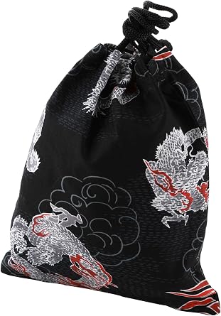 SAKIKU-EN Mens Drawstring Bag, Jojo Bag, Flat Bag, Mens Drawstring Bag, Dragon Kirin Lion, Black, Mens Kimono Accessories