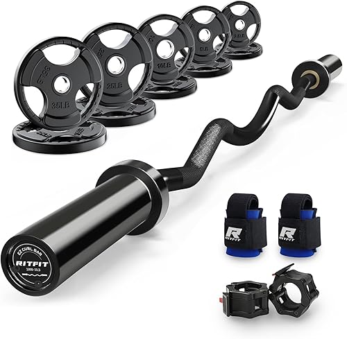 Miniatura 10 de RitFit Barra de rizo EZ de 2 pulgadas con pesas, barra olímpica de capacidad de 350 libras para bíceps y tríceps, entrenamiento de fuerza de
