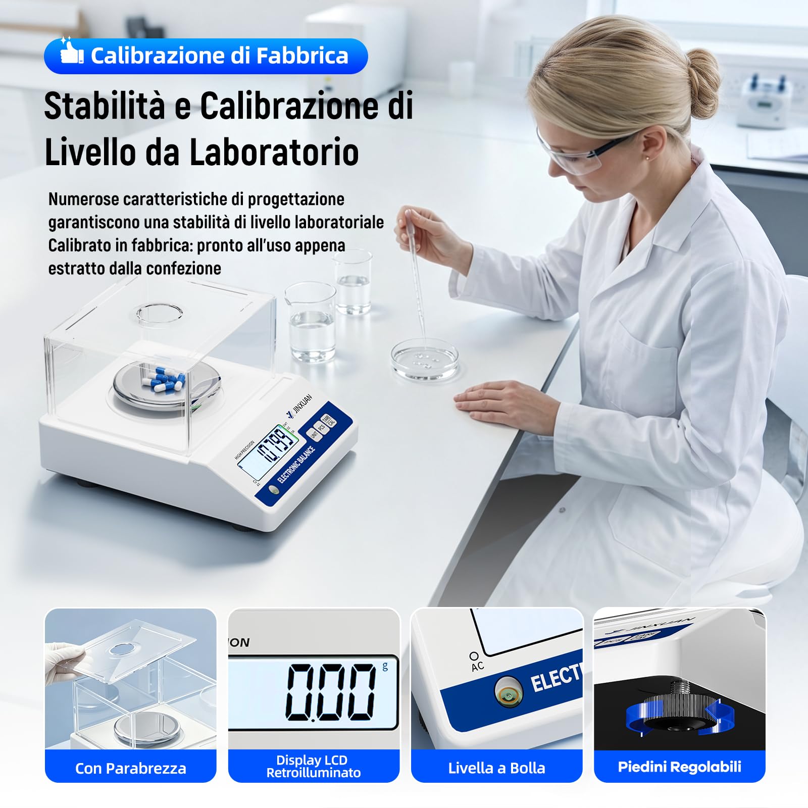 Bilancia da laboratorio 500 g x 0,001 g, bilancia analitica mg, bilancia di precisione per gioielli, con una precisione di 0,001 grammi