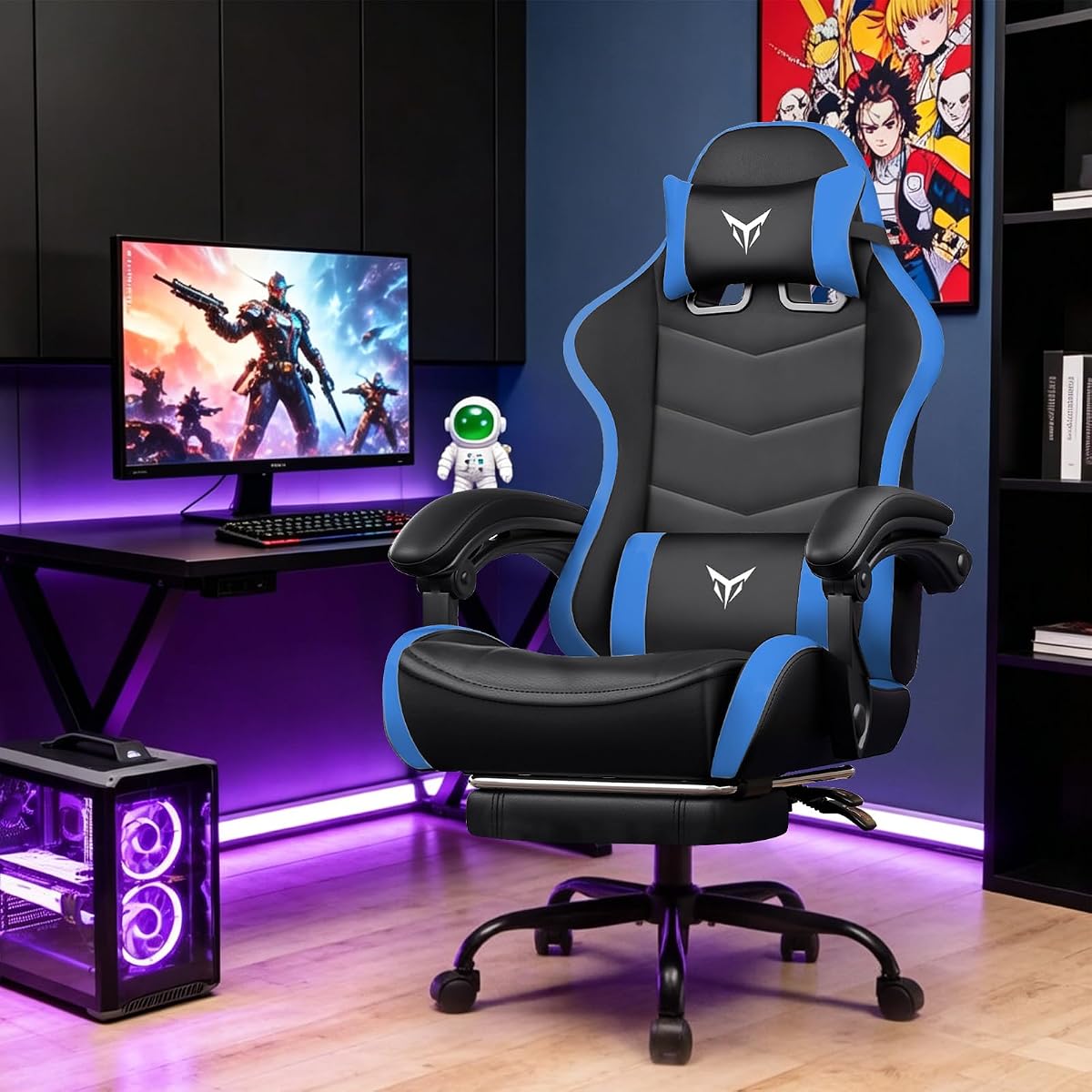 Silla de juegos para adultos, silla de oficina grande y alta de 300 libras, resistente con reposapiés, soporte lumbar ergonómico con respaldo alto y cojín ancho y cómodo con reposabrazos de enlace para oficina en casa, azul