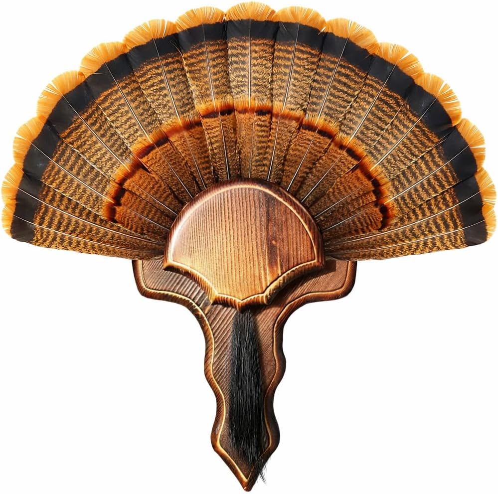 Solid Wood Turkey Fun Mount – Turkey Fan & Beard Trophy Wooden Mount Stand – Wall Display Easy Install Rustic Decor – Universal Wall Mounted Trophy Mounts – Strut Turkey Tail with Hardware Included