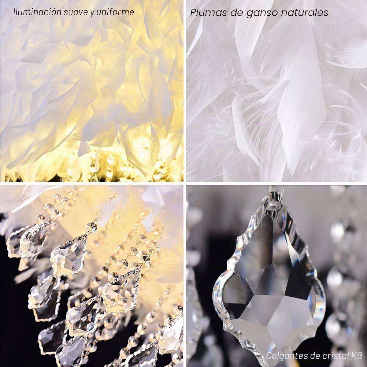 Lámpara colgante de plumas de cristal Lámpara colgante de plumas blancas Lámpara de techo Lámpara de techo, lujo romántico para sala de estar, comedor, 50 CM / 19.8 PULGADAS