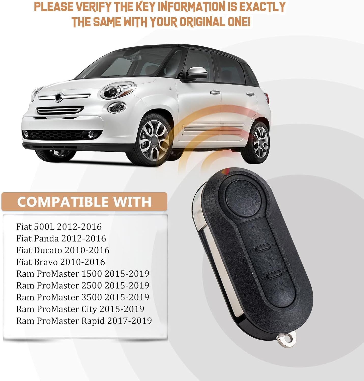 Flip Car Key Keyless Entry Replacement for 2015/2016/2017/2018/2019 Fiat 500L Fiat Panda RAM ProMaster1500 2500 3500 RX2TRF198 ID46 Chip (Pair)